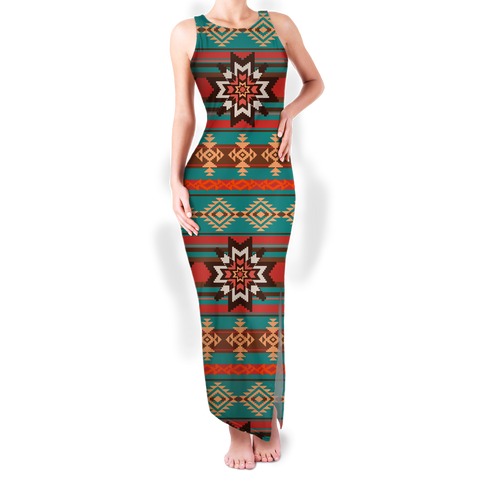 Powwow StoreGBNAT00320 Pattern Native Round Neck Double Slit Sundress