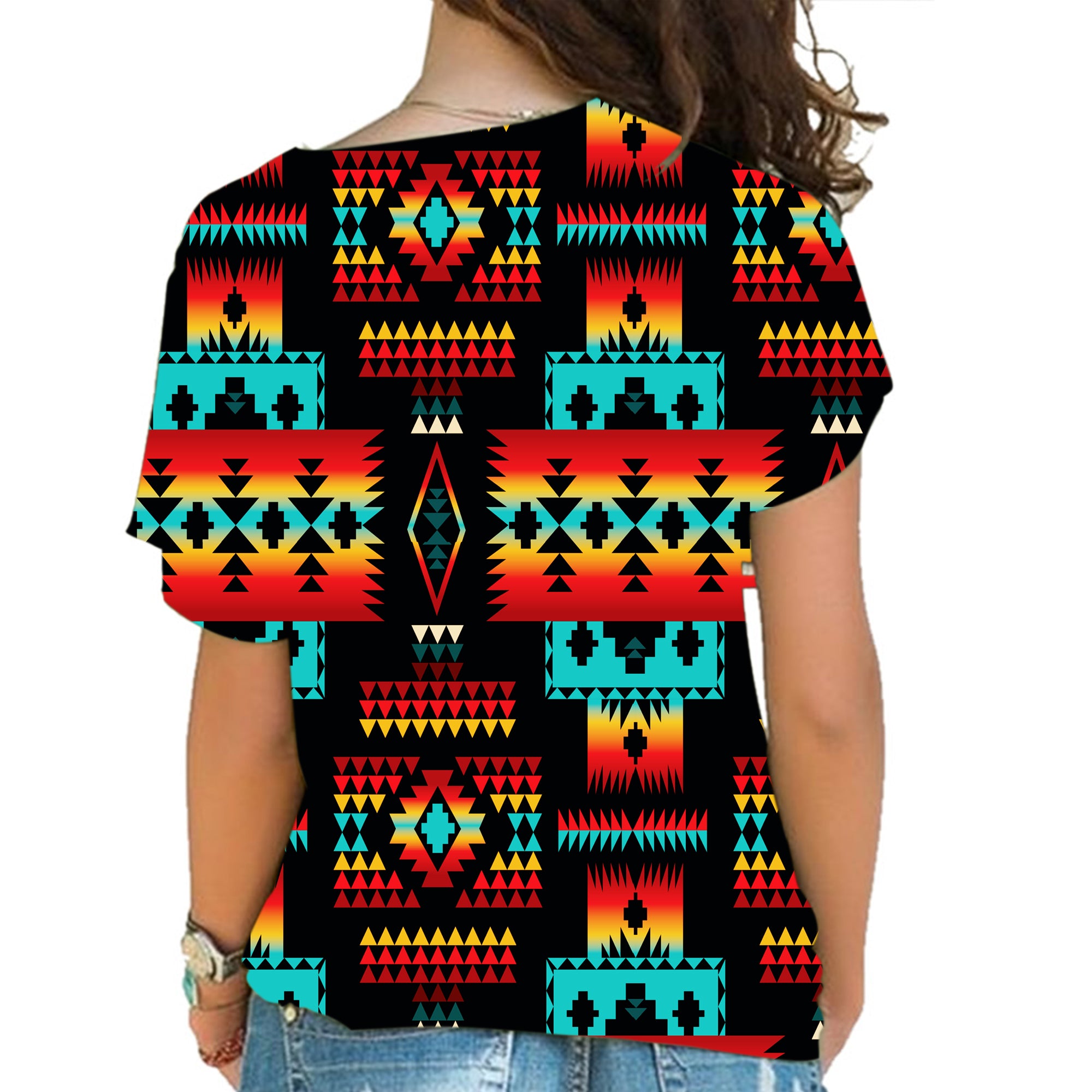 GB-NAT00046 Black Native Tribes Pattern Native American Cross Shoulder Shirt - Powwow Store