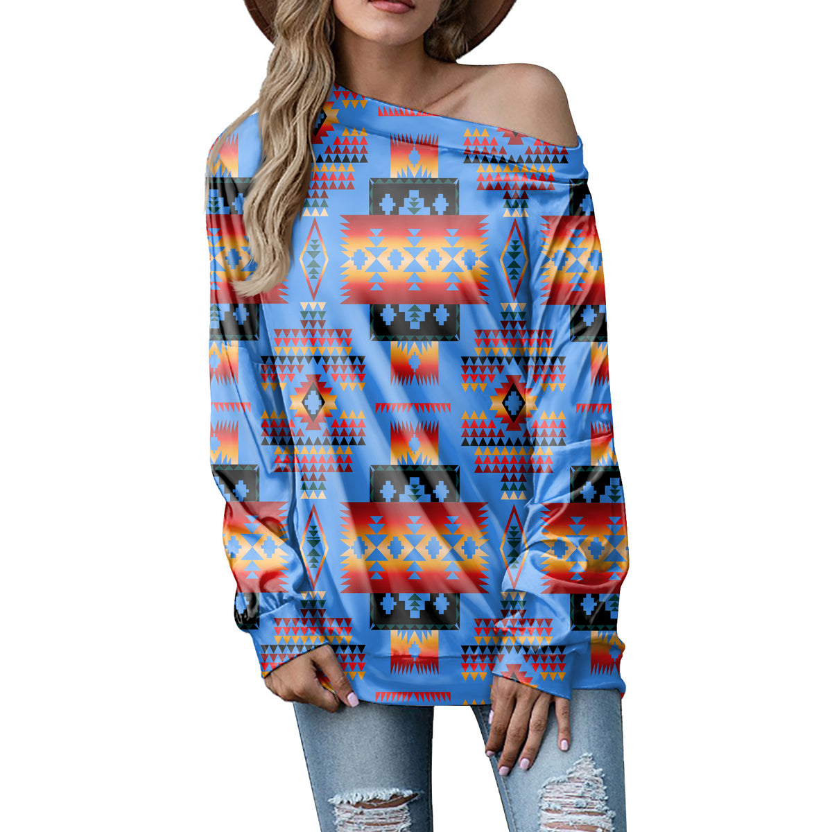 GB-NAT00046-12 Dark Blue Native Tribes Pattern Native American Off-shoulder Sweatshirt - Powwow Store
