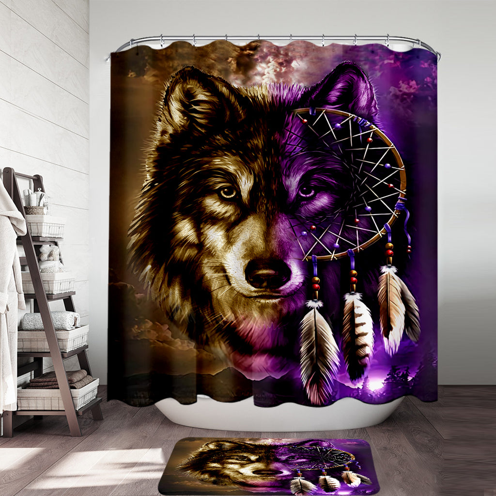 GB-NAT0005 Dreamcatcher Purple Wolf Native American Shower Curtain & Mat Set