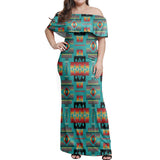 GB-NAT00046-01 Blue Native Tribes Pattern Native American Off Shoulder Dress