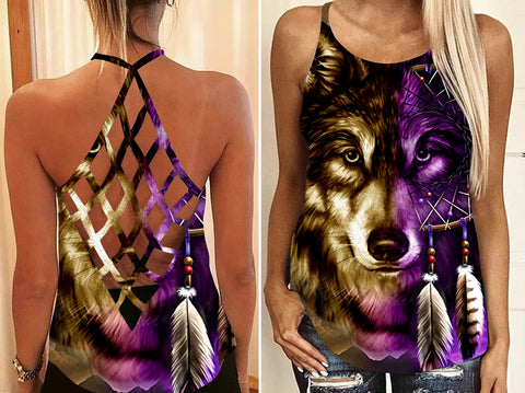 GB-NAT0005 Dreamcatcher Purple Wolf Native American Criss-Cross