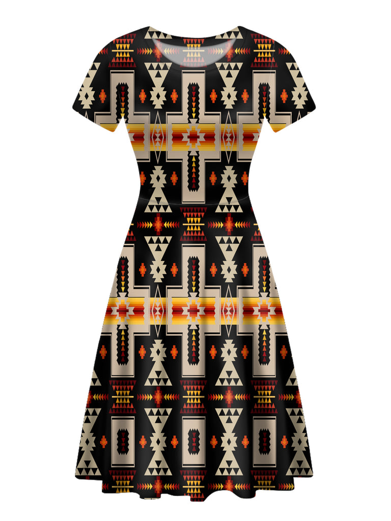 GB-NAT00062-01 Black Tribe Design Round Neck Dress