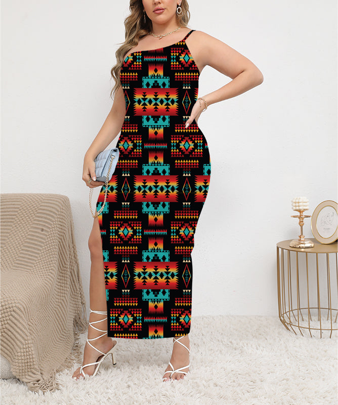 GB-NAT00046-02 Black Native Tribes Oblique-Shoulder Exposure Dress With Side Split