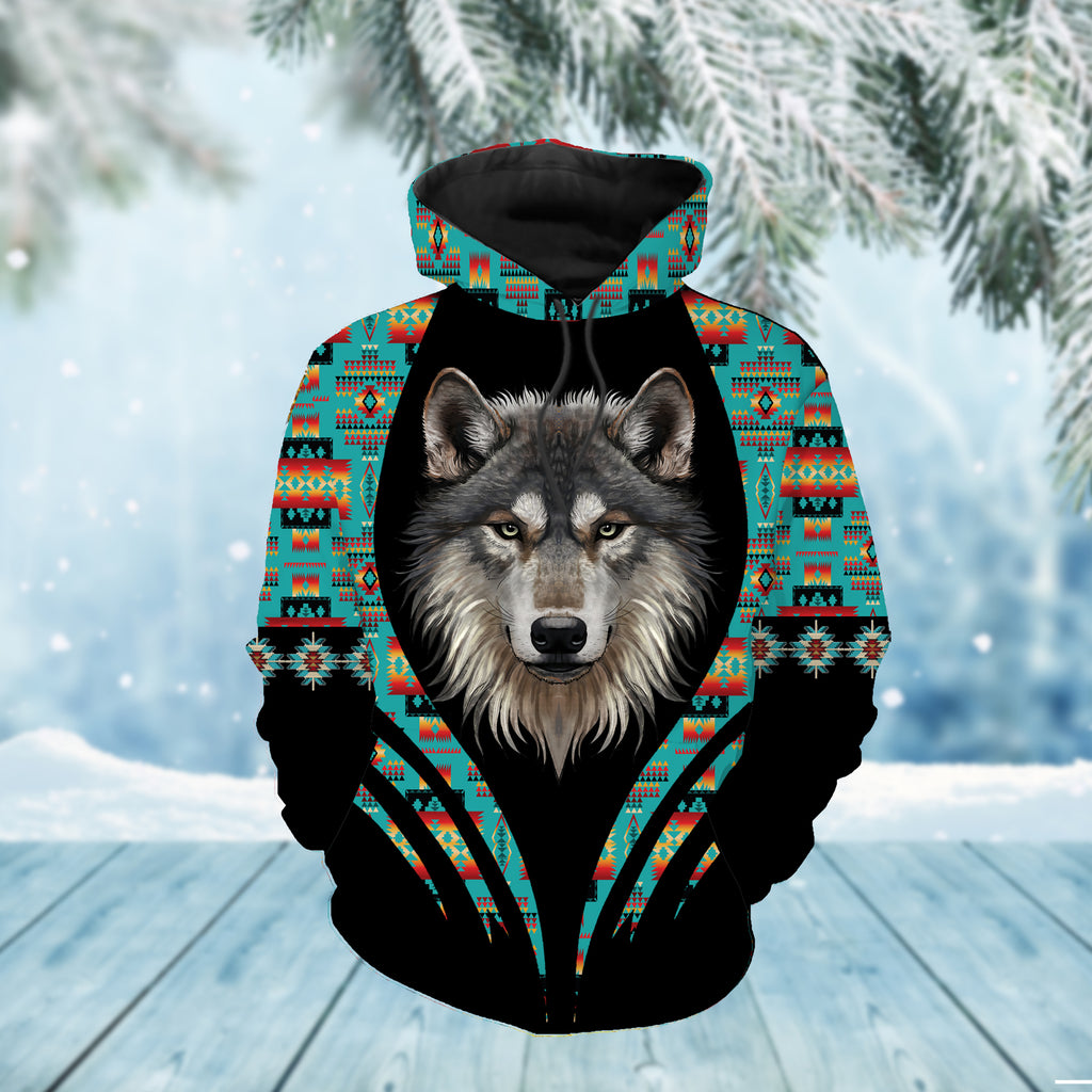 GB-NAT00046-MS01 Blue Wolf Native Tribes Pattern Native American Hoodie