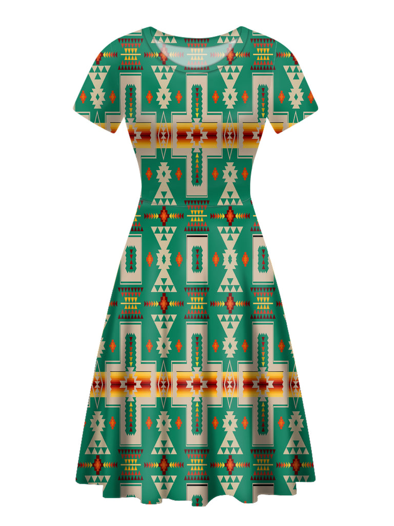 GB-NAT00062-08 Light Green Tribe Design Round Neck Dress