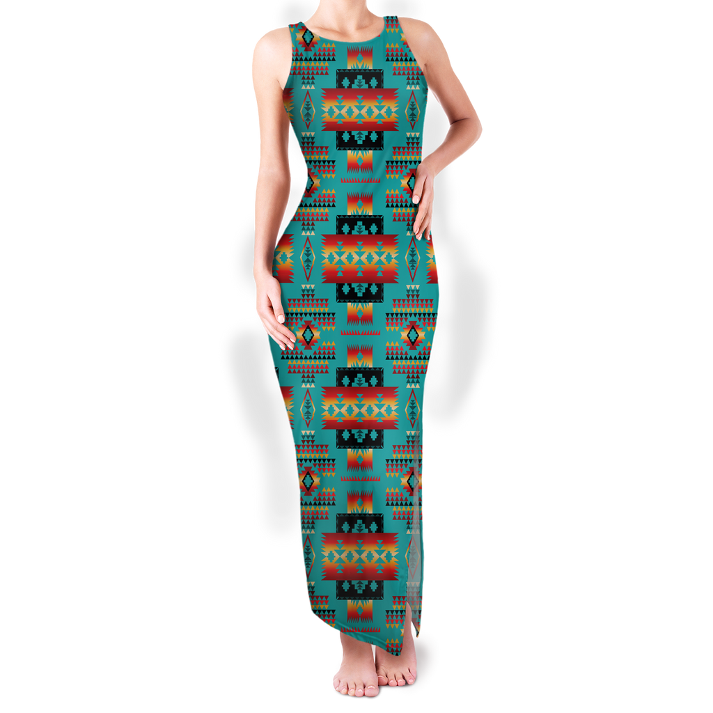 Powwow StoreGBNAT0004601 Pattern Native Round Neck Double Slit Sundress