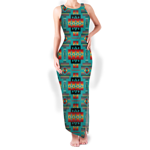Powwow StoreGBNAT0004601 Pattern Native Round Neck Double Slit Sundress