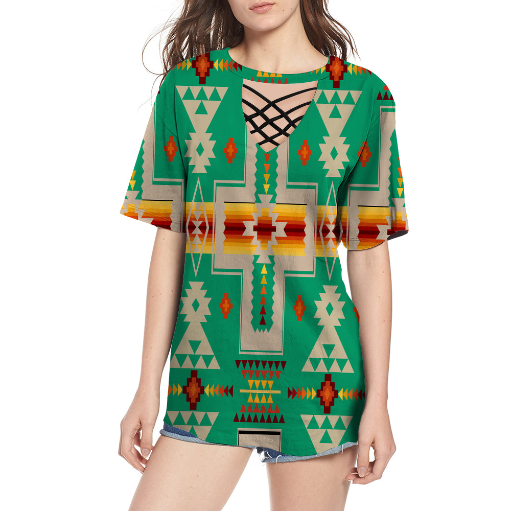 GB-NAT00062-06 Green Tribe Design Native American Round Neck Hollow Out Tshirt - Powwow Store