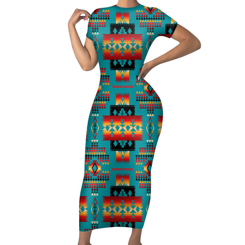 GB-NAT00046-01 Blue Native Tribes Pattern Native American Short-Sleeved Body Dress