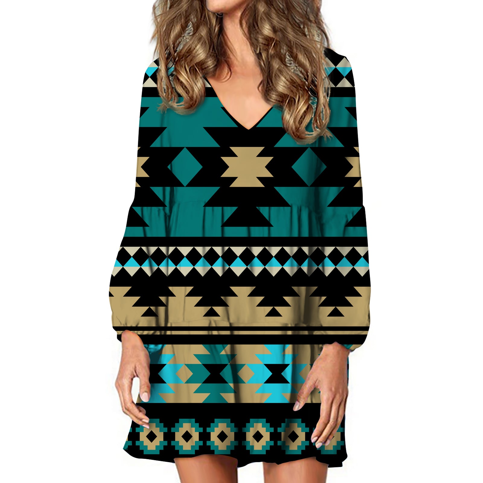 Powwow Store gb nat00509 green ethnic aztec pattern swing dress