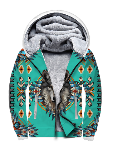 GB-NAT00635 Turquoise Tribe  Wolf  3D Fleece Hoodie