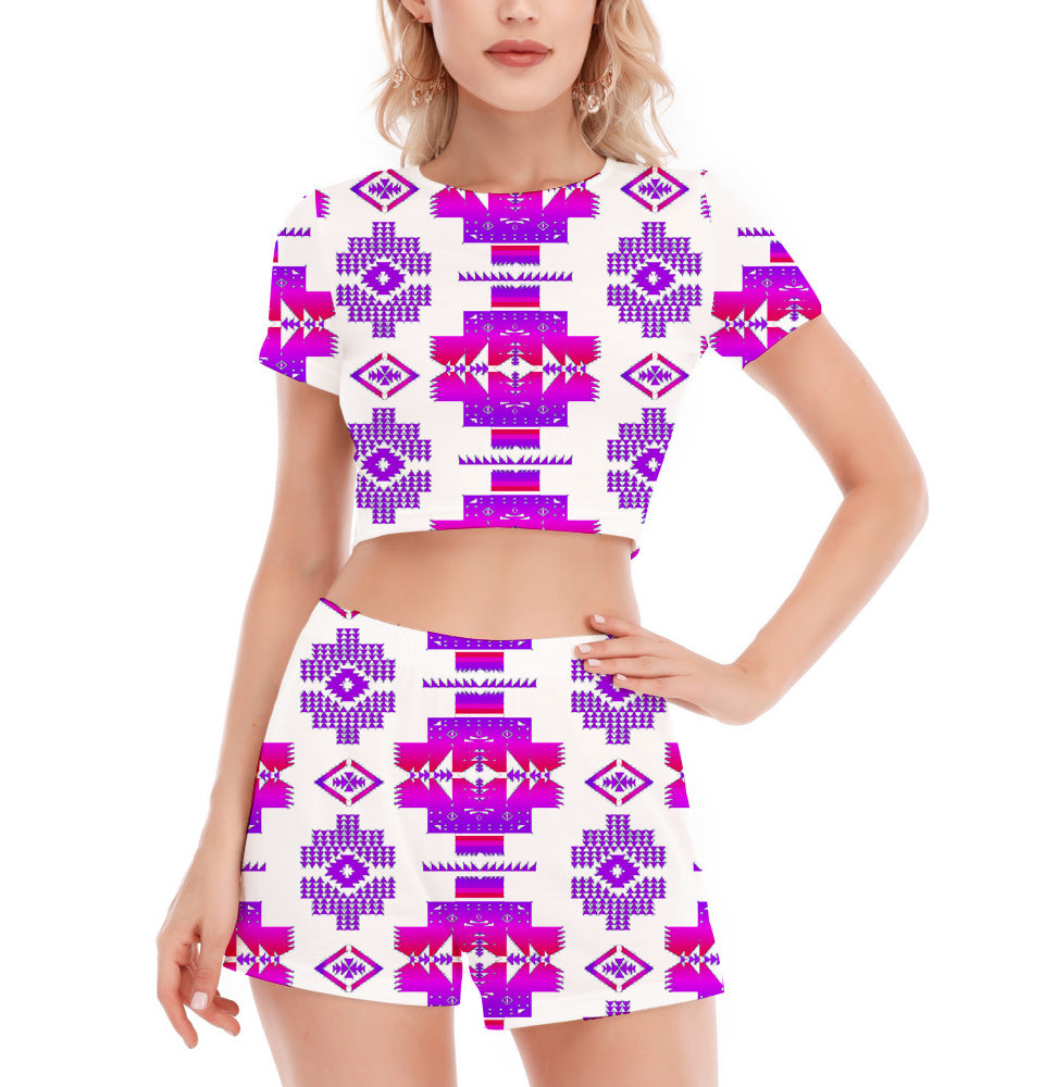 Powwow StoreGBNAT0072001 Pattern Native Women's Short Sleeve Cropped Top Shorts Suit