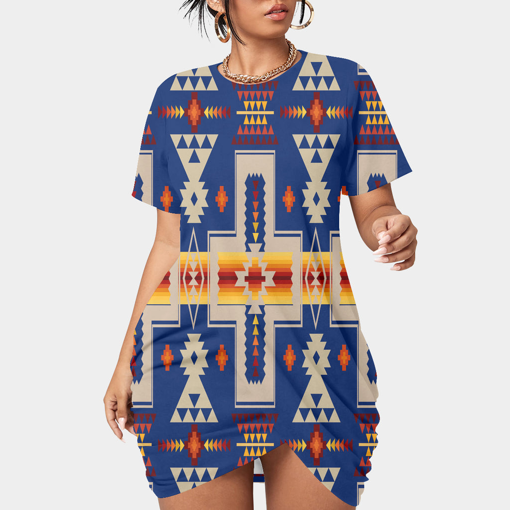 Powwow StoreGBNAT0006204 Pattern Native Women’s Stacked Hem Dress With Short Sleeve