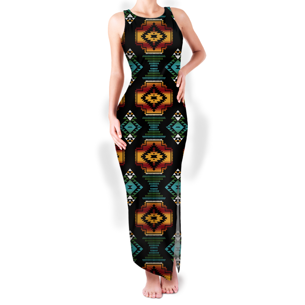 Powwow StoreGBNAT00321 Pattern Native Round Neck Double Slit Sundress