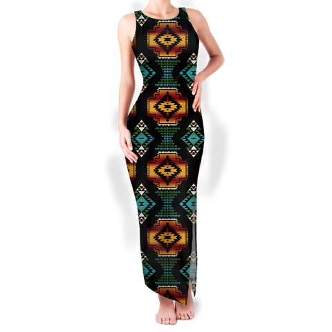 GB-NAT00321 Pattern Native Round Neck Double Slit Sundress