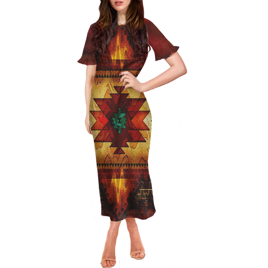 GB-NAT00029 Pattern Native Women Long Dress With Falbala