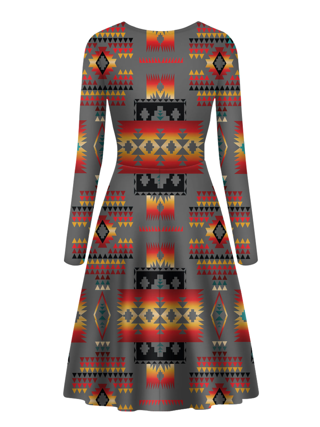GB-NAT00046-11 Gray Pattern Native Long Sleeve Dress - Powwow Store