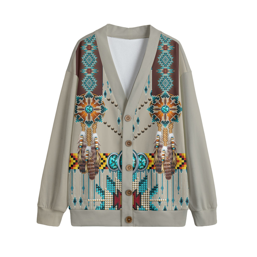 Powwow StoreGBNAT00069 Turquoise Blue Pattern 3D Vneck Hacci Fleece Cardigan