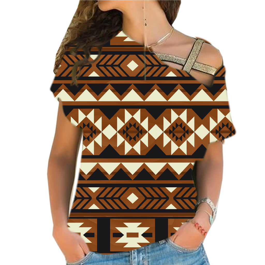 Powwow StoreGBNAT00508 Brown Pattern Native Cross Shoulder Shirt