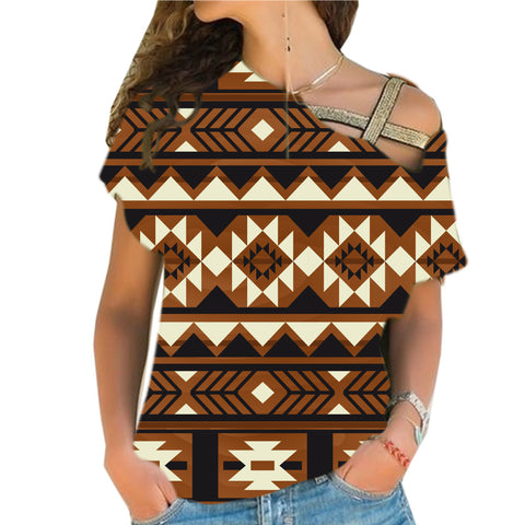 GB-NAT00508 Brown Pattern Native Cross Shoulder Shirt