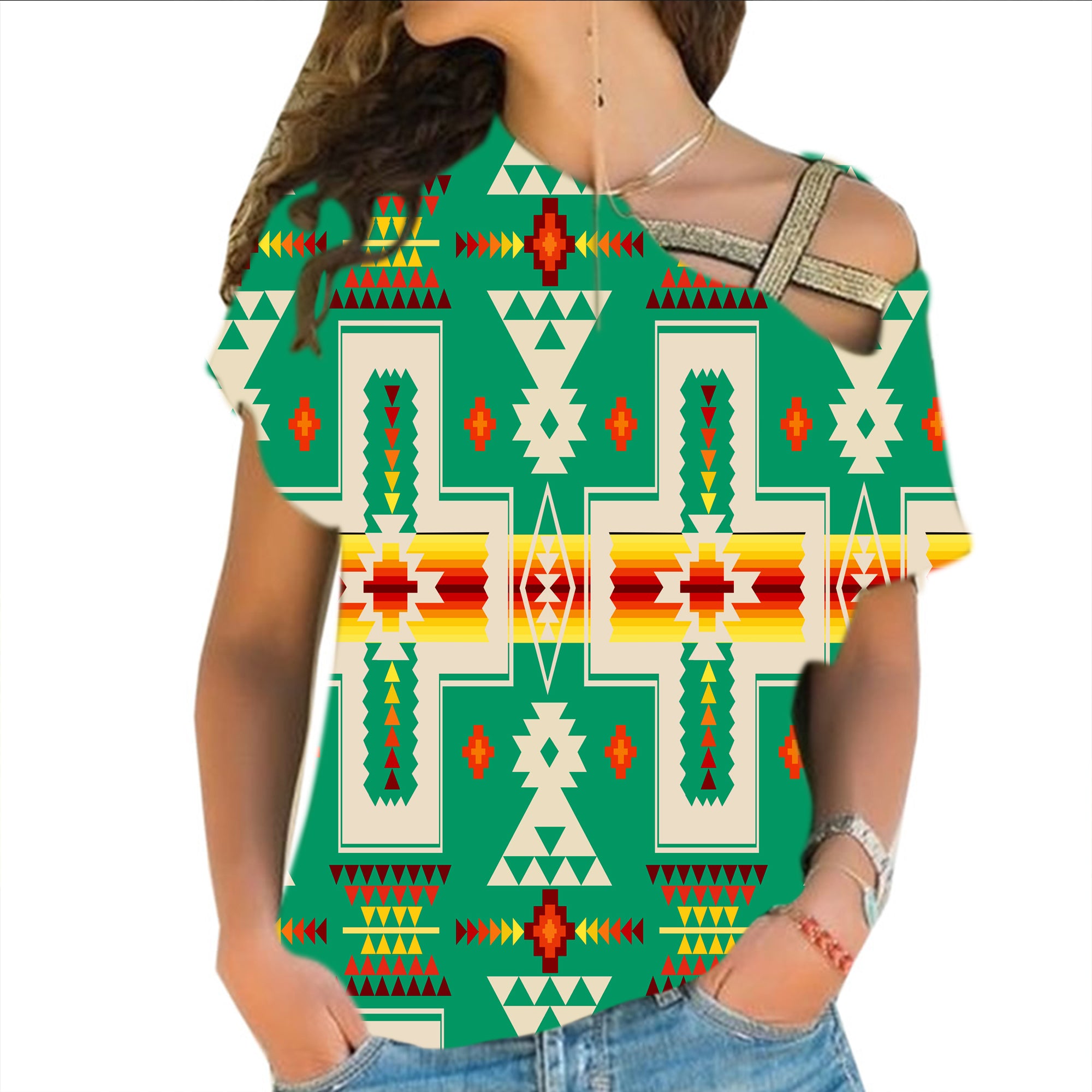 GB-NAT00062-08 Green Tribe Design Native American  Cross Shoulder Shirt - Powwow Store