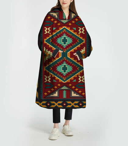 Powwow StoreGBNAT0006101 Native Red Yellow Pattern   3D Sherpa Hoodie Blanket