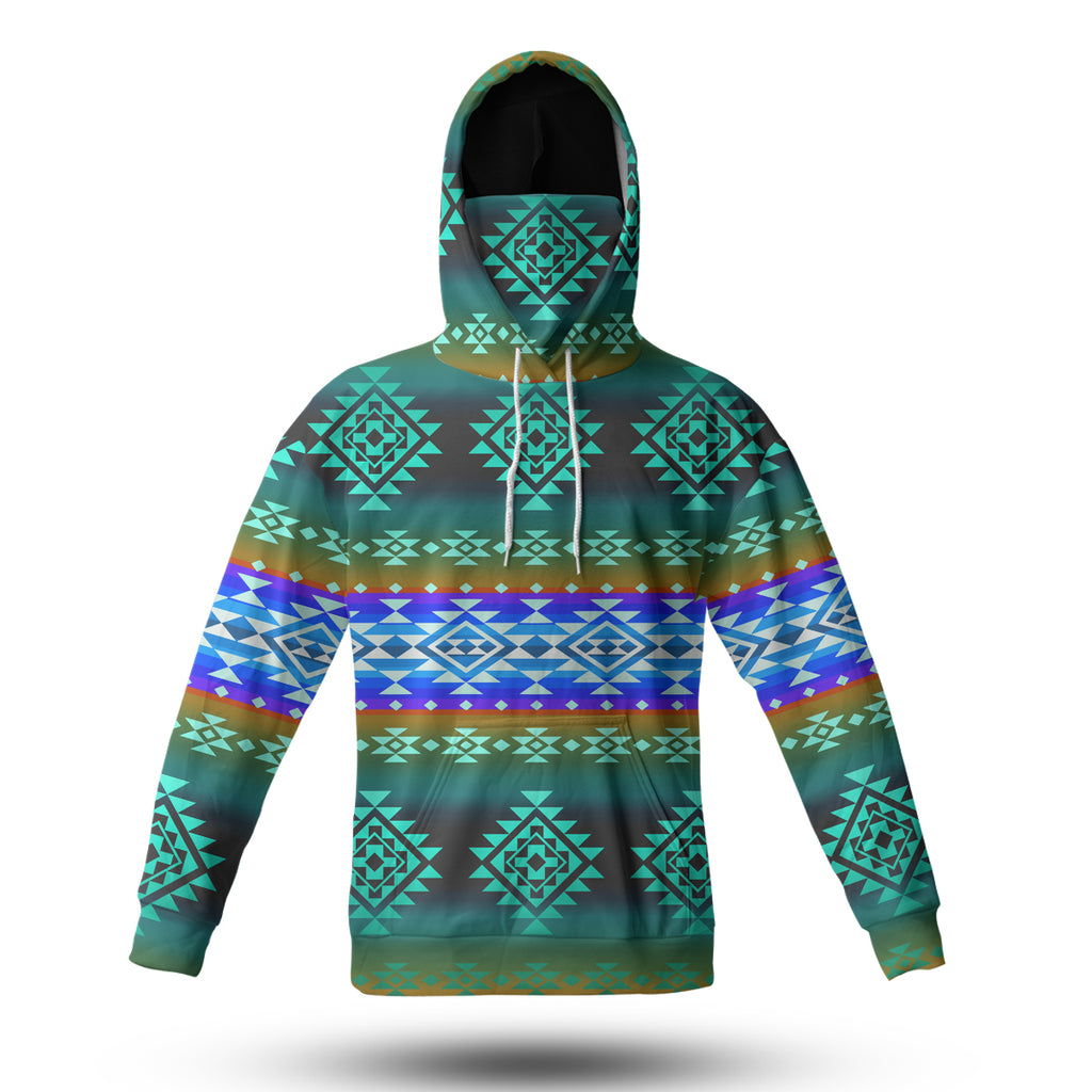 Powwow StoreGBNAT0068002 Pattern Blue Native 3D Hoodie With Mask