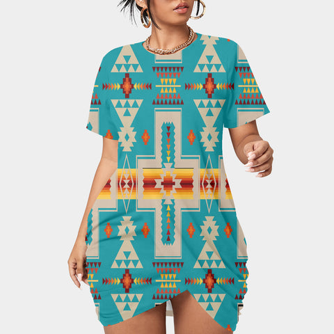 GB-NAT00062-05 Pattern Native Women’s Stacked Hem Dress With Short Sleeve