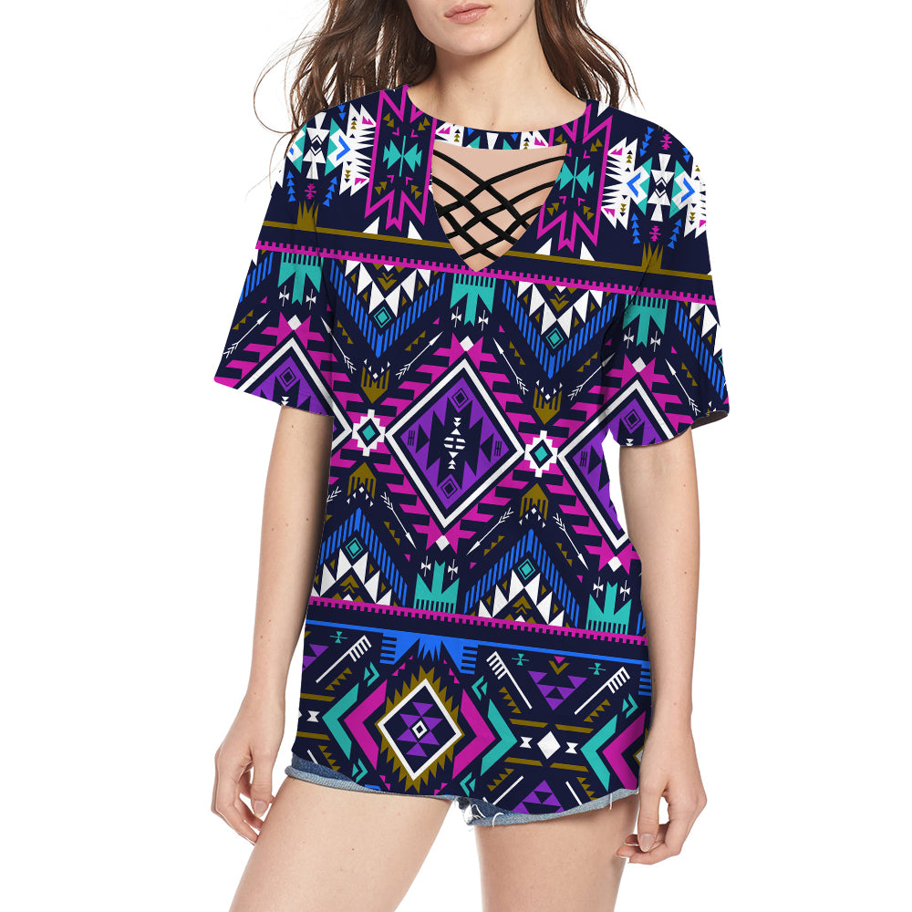 GB-NAT00380 Purple Pattern Round Neck Hollow Out Tshirt - Powwow Store