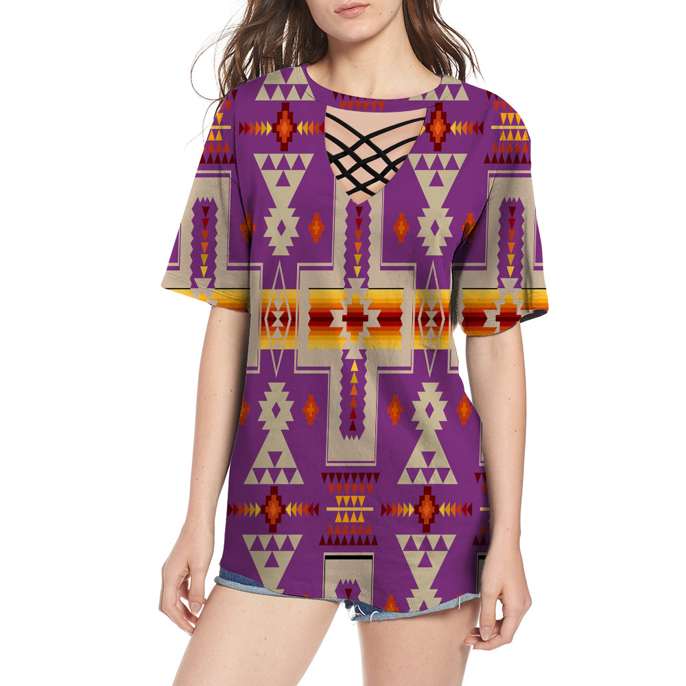 GB-NAT00062-07 Light Purple Tribe Design Native American Round Neck Hollow Out Tshirt - Powwow Store