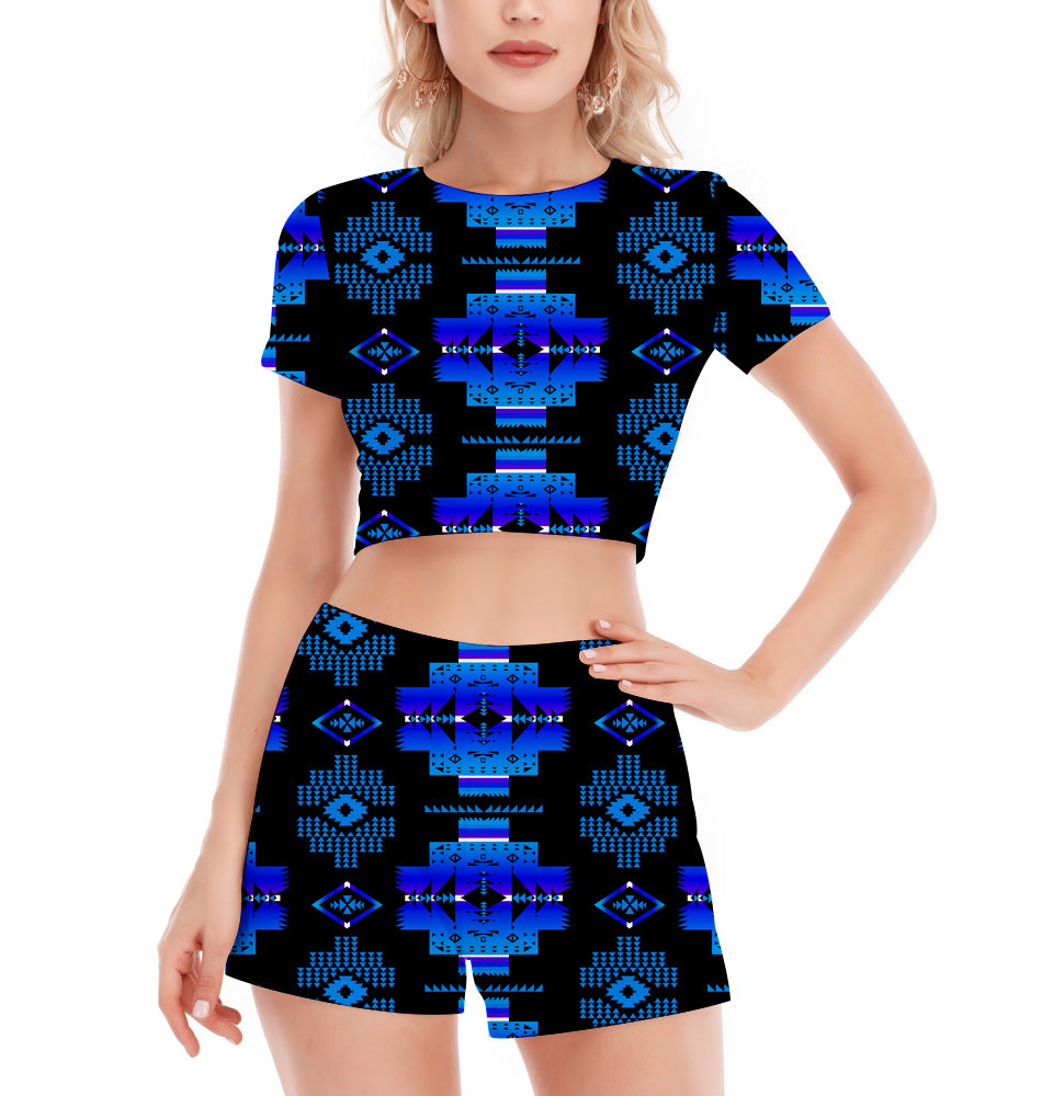 Powwow StoreGBNAT0072002 Pattern Native Women's Short Sleeve Cropped Top Shorts Suit