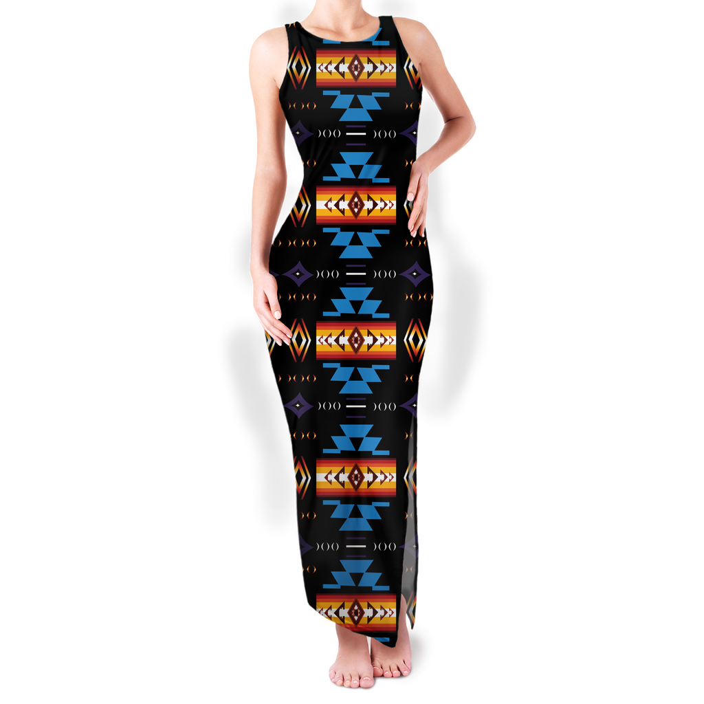 Powwow StoreGBNAT00363 Pattern Native Round Neck Double Slit Sundress