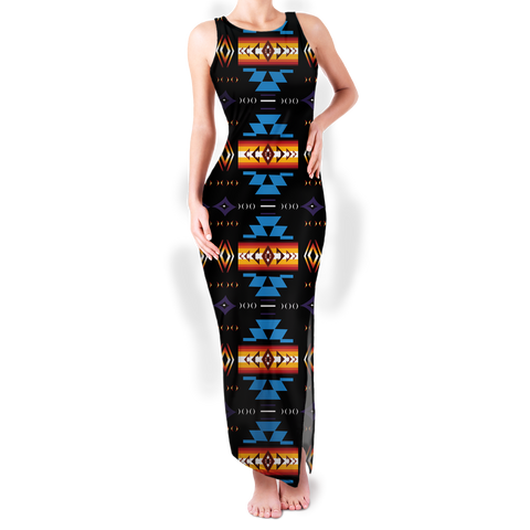 GB-NAT00363 Pattern Native Round Neck Double Slit Sundress