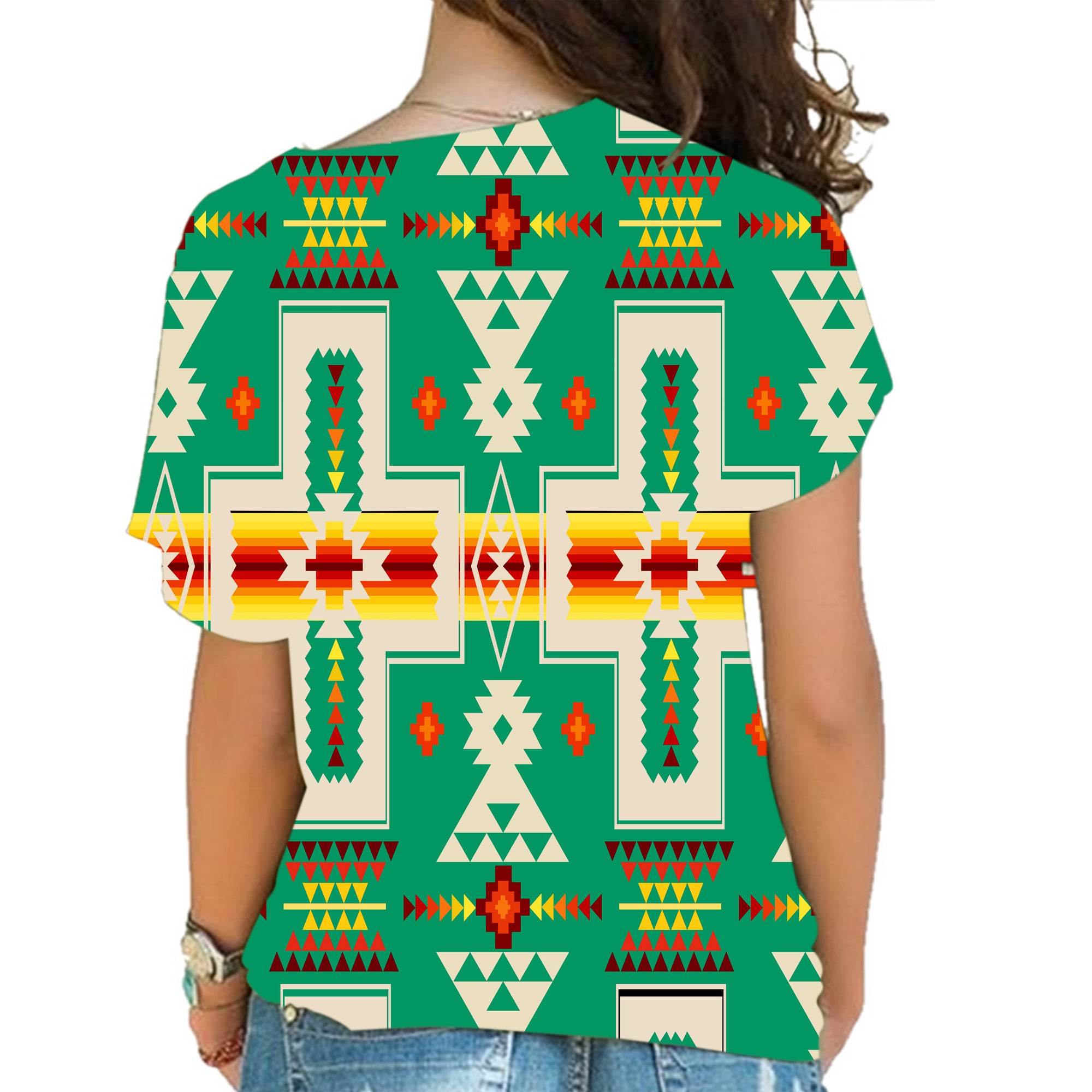 GB-NAT00062-08 Green Tribe Design Native American  Cross Shoulder Shirt - Powwow Store