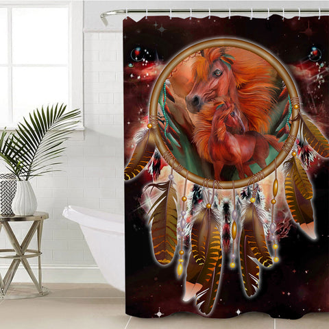 GB-NAT00390 Horses Red Galaxy Native Shower Curtain