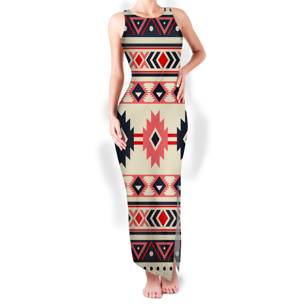 Powwow StoreGBNAT00375 Pattern Native Round Neck Double Slit Sundress