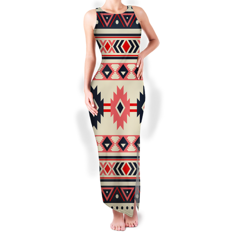 Powwow StoreGBNAT00375 Pattern Native Round Neck Double Slit Sundress