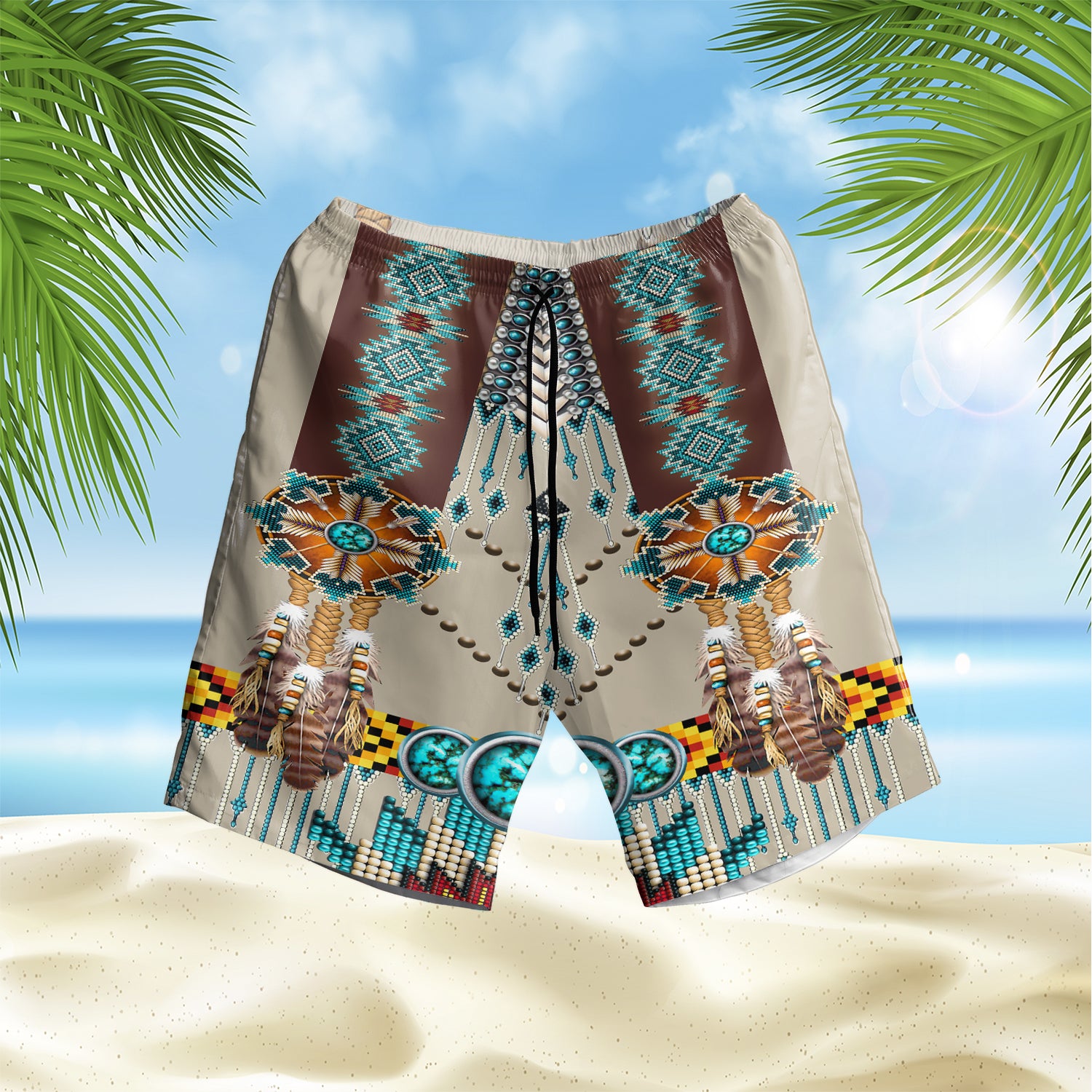 Powwow Store gb nat00069 turquoise blue pattern hawaiian shorts
