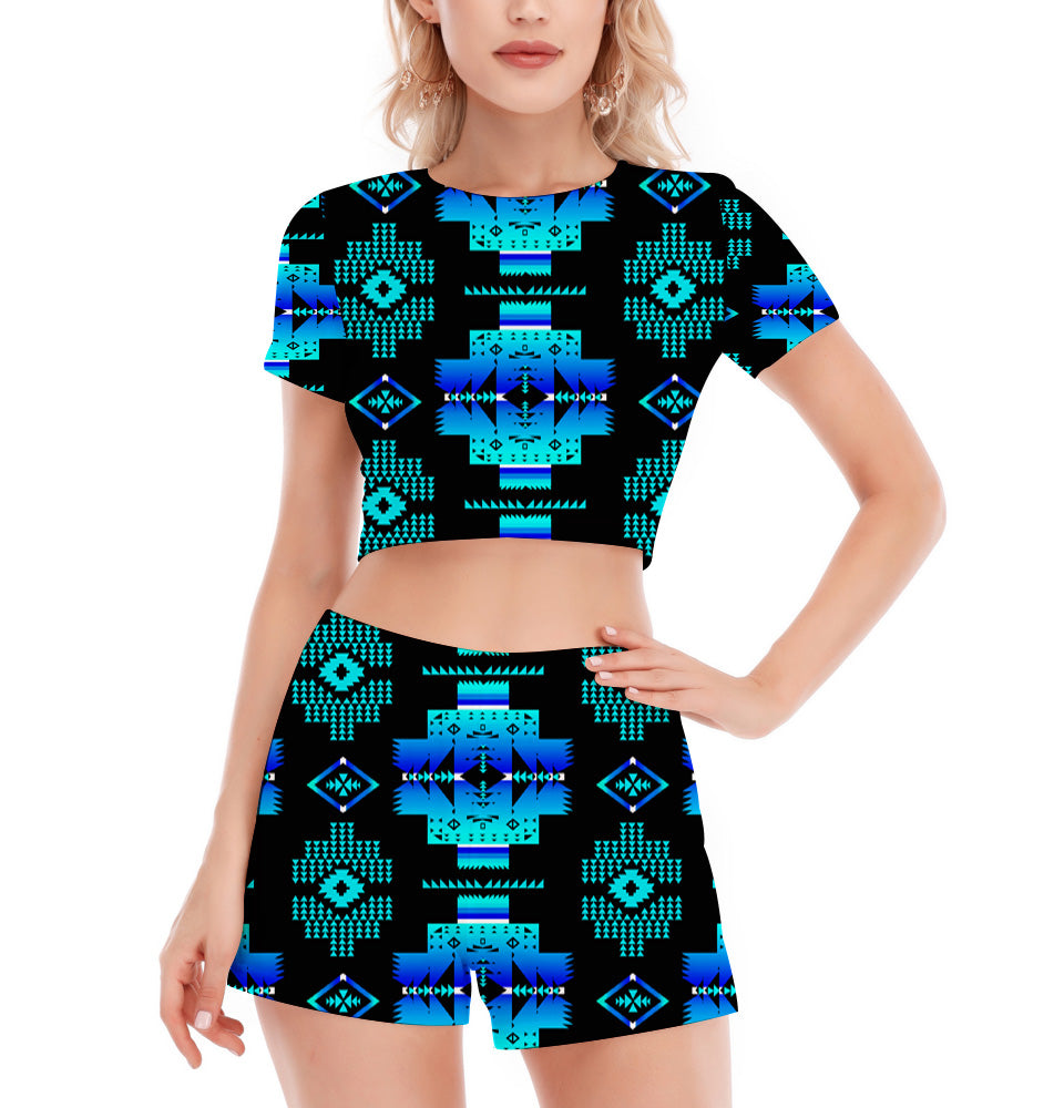 Powwow StoreGBNAT0072004 Pattern Native Women's Short Sleeve Cropped Top Shorts Suit