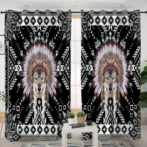 LVR0001-  Wolf Pattern Black  Native American Living Room Curtain