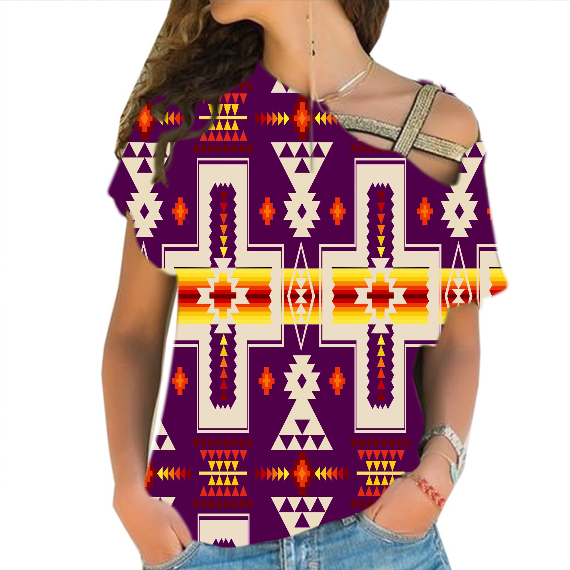 GB-NAT00062-09 Purrple Tribe Design Native American Cross Shoulder Shirt - Powwow Store