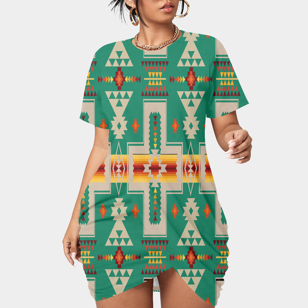 Powwow StoreGBNAT0006206 Pattern Native Women’s Stacked Hem Dress With Short Sleeve