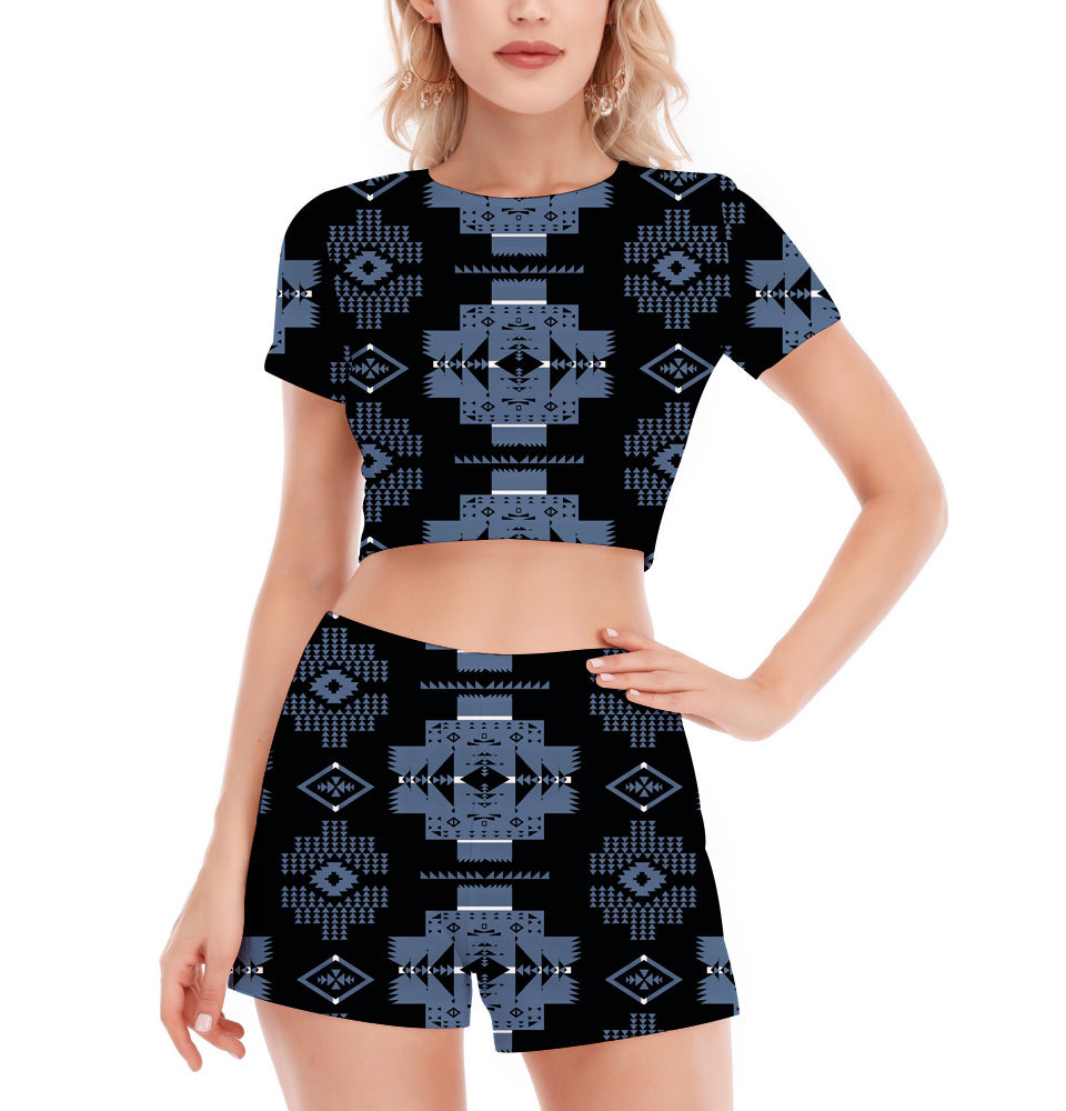 Powwow StoreGBNAT0072005 Pattern Native Women's Short Sleeve Cropped Top Shorts Suit