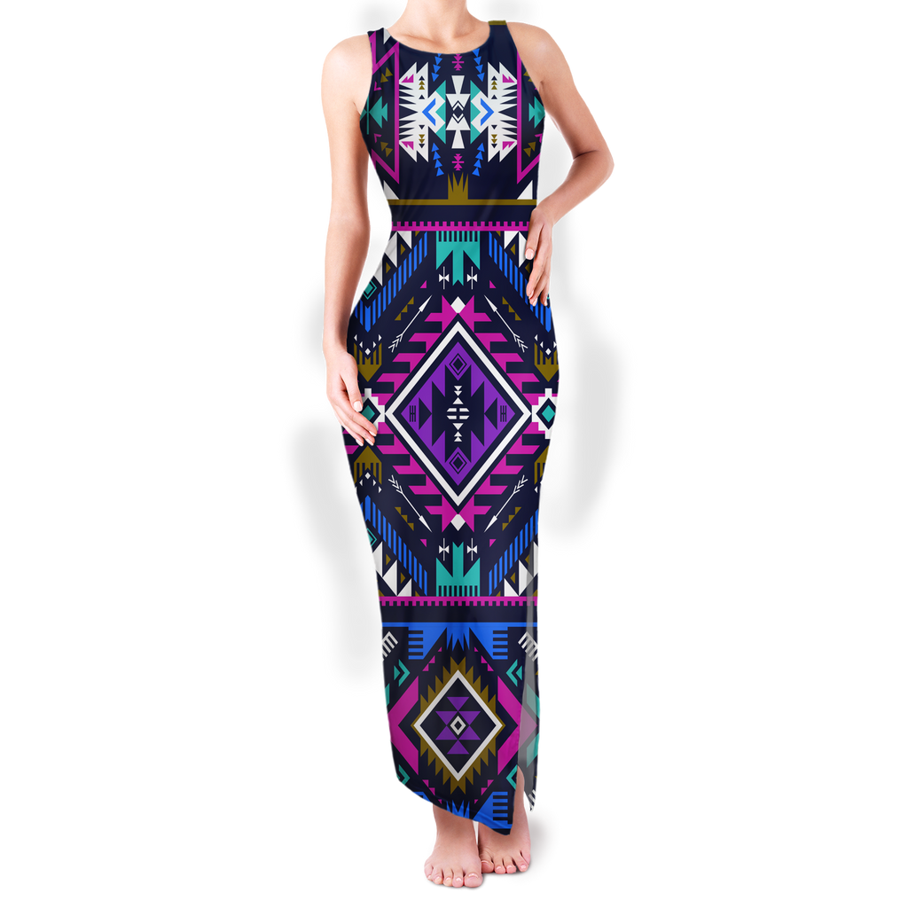 Powwow StoreGBNAT00380 Pattern Native Round Neck Double Slit Sundress