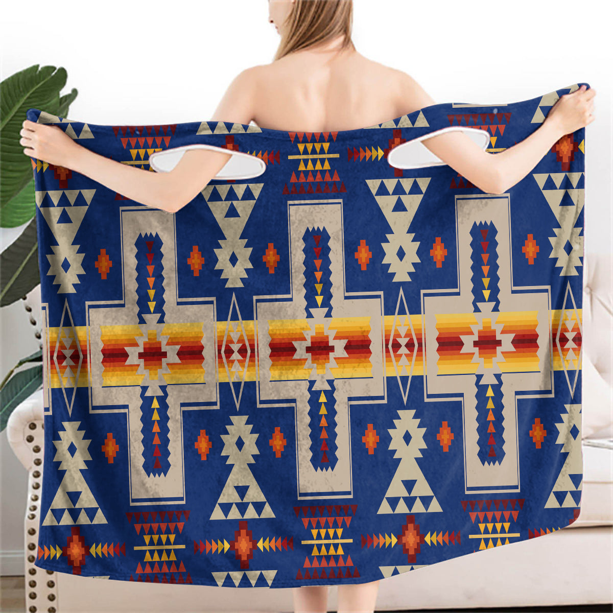 Powwow StoreGBNAT0006204 Navy Tribe Design Women Wearable  BathRobe