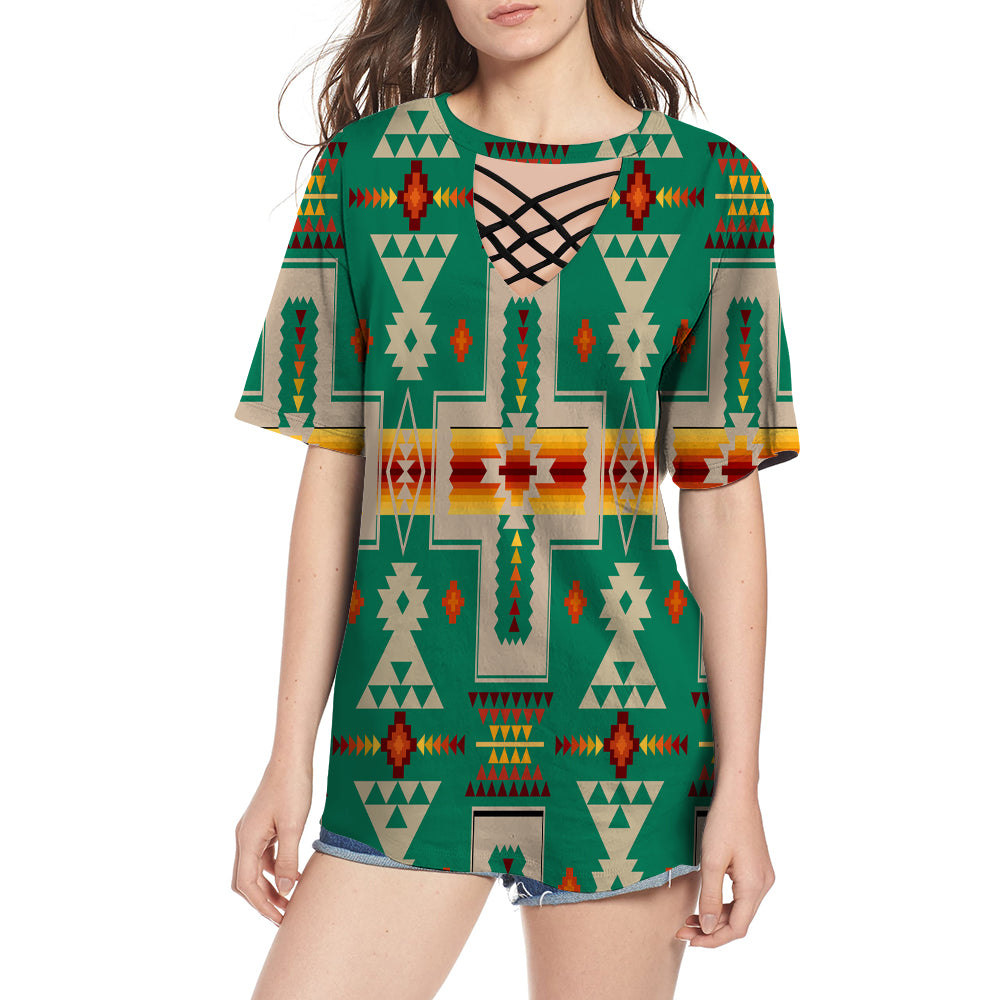 GB-NAT00062-08 Light Green Tribe Design Native American Round Neck Hollow Out Tshirt - Powwow Store