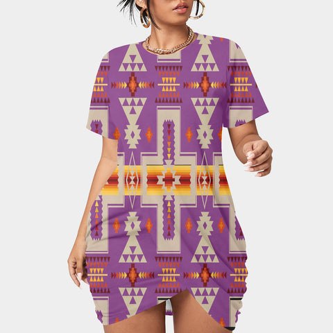 GB-NAT00062-07 Pattern Native Women’s Stacked Hem Dress With Short Sleeve