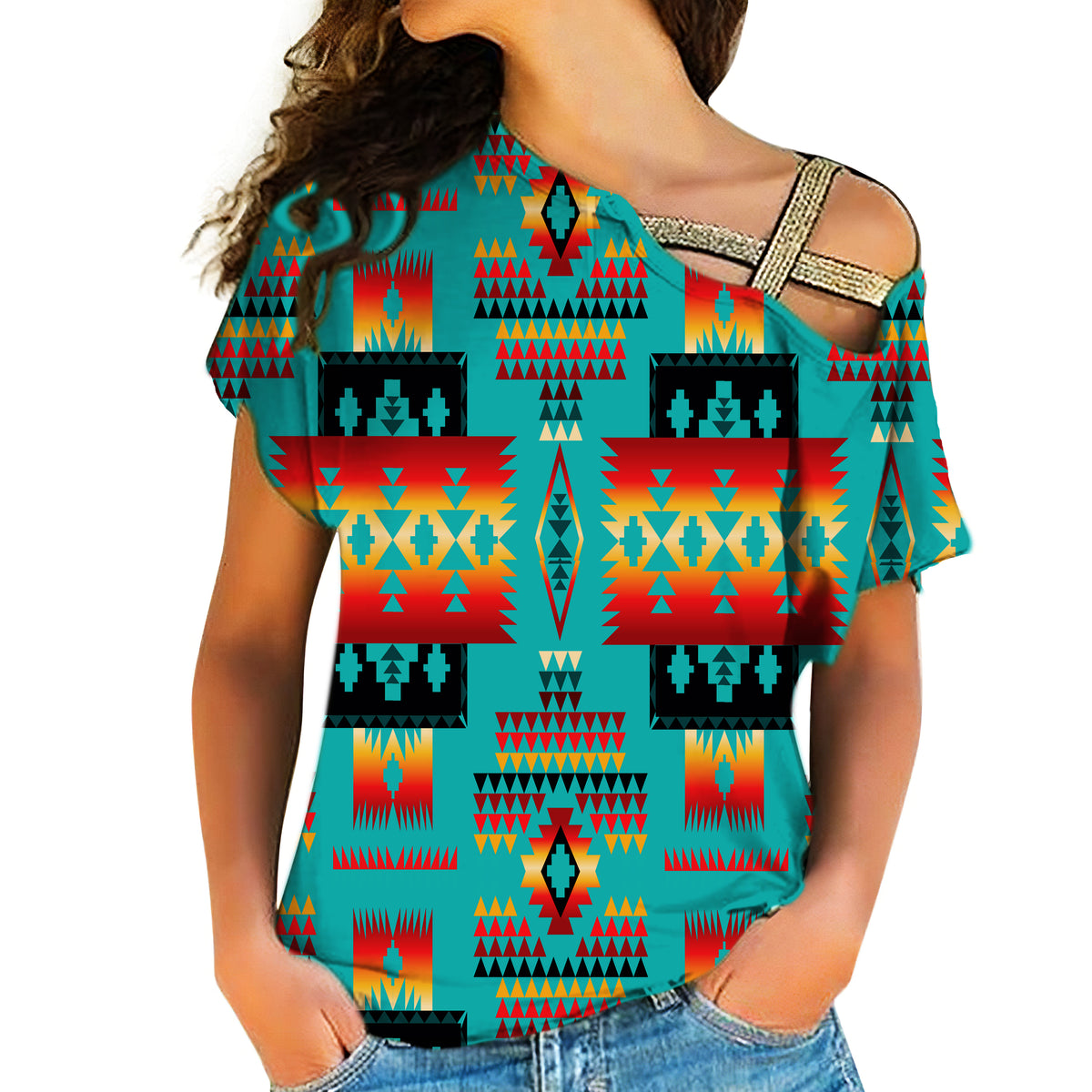 GB-NAT00046 Blue Native Tribes Pattern Native American Cross Shoulder Shirt - Powwow Store
