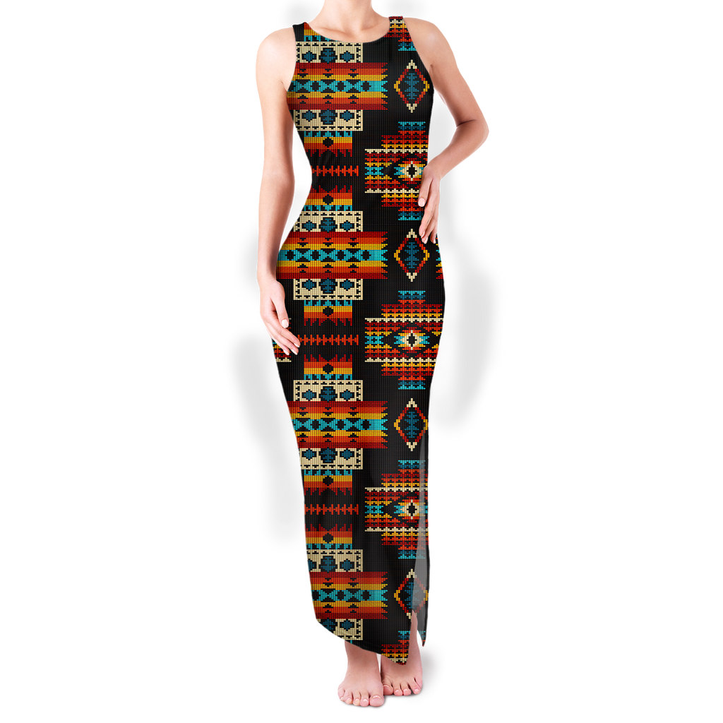 Powwow StoreGBNAT00402 Pattern Native Round Neck Double Slit Sundress